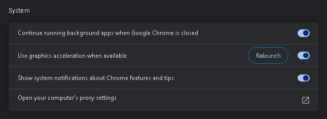 Chrome Settings, System: graphics acceleration on, with the Relaunch button