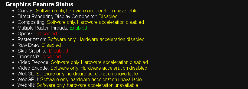chrome://gpu showing Software only for every graphics feature