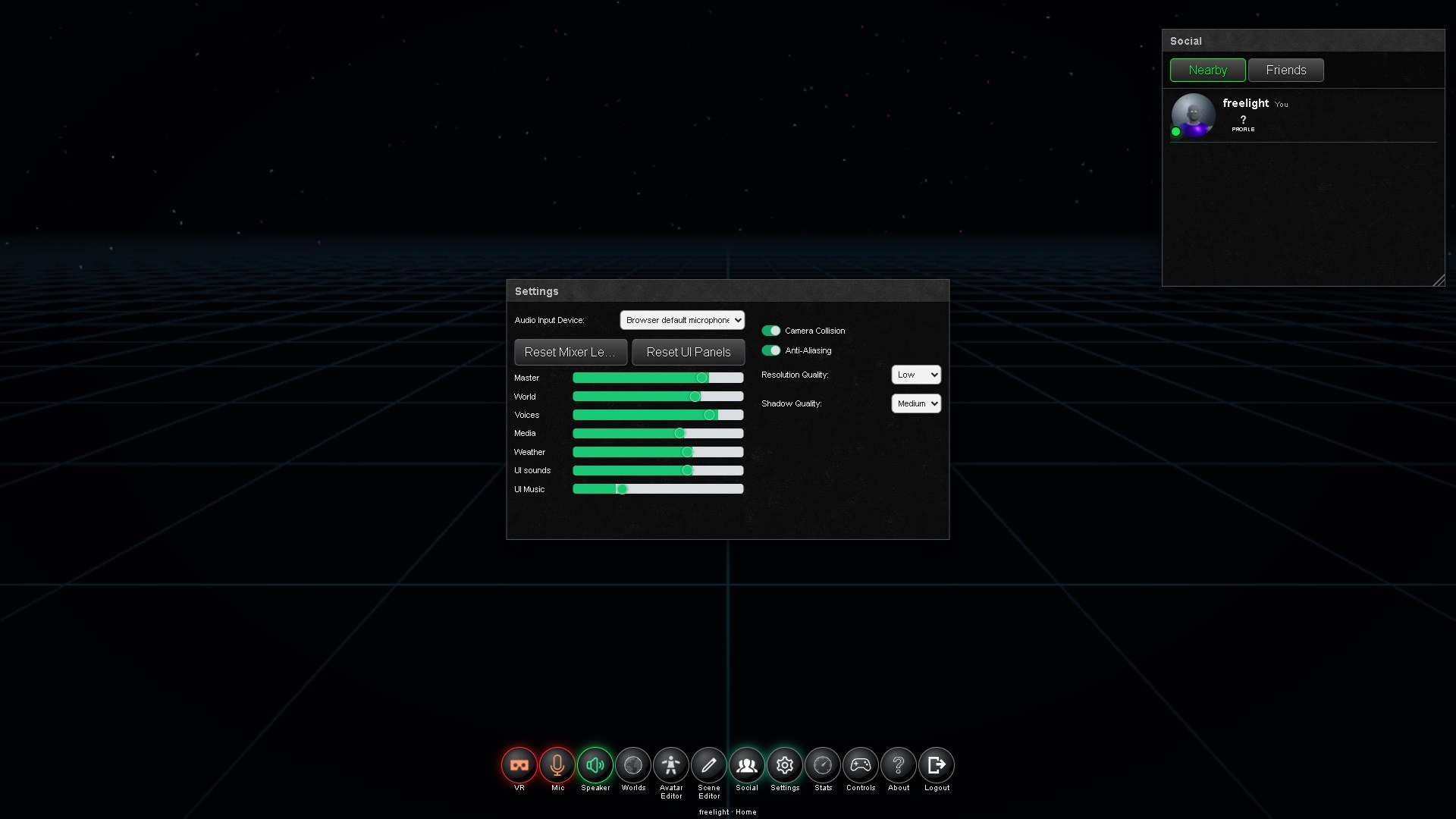 Settings panel