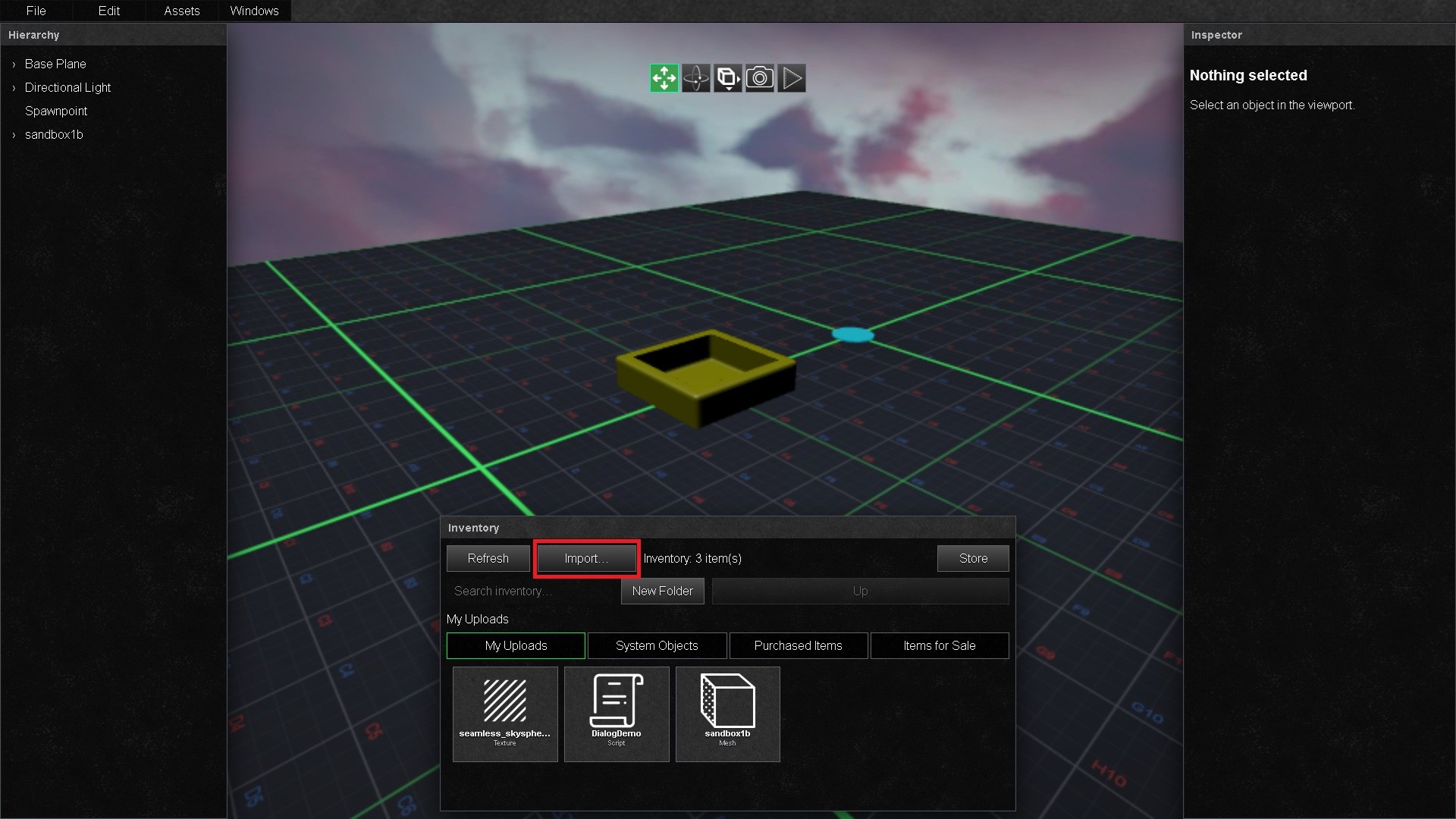 Scene Editor inventory Import button