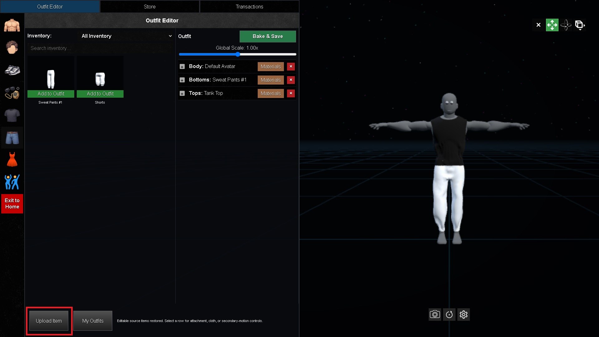 Avatar Editor Upload Item button